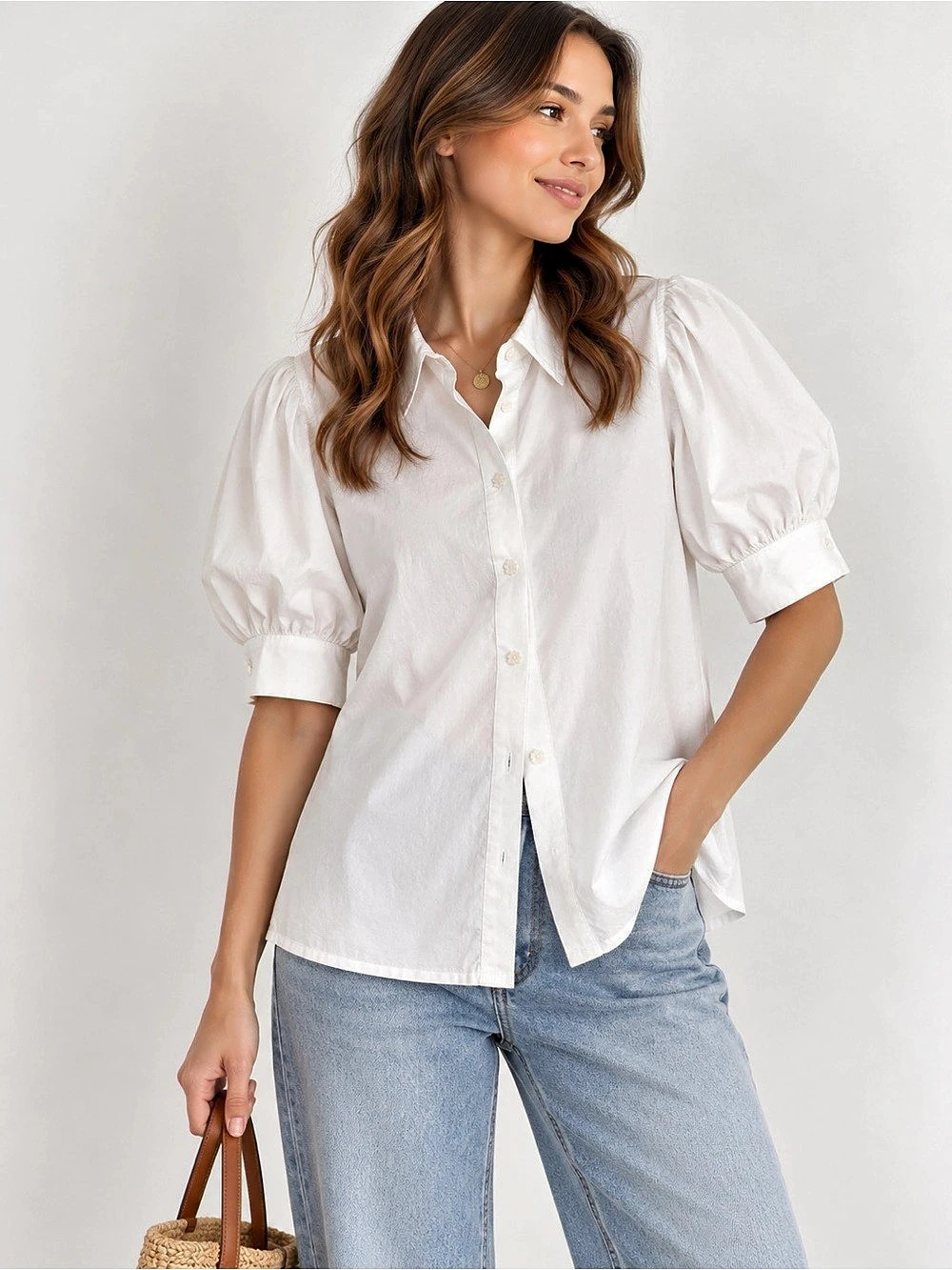 Easel Puff Sleeve Button Down White Small NWT